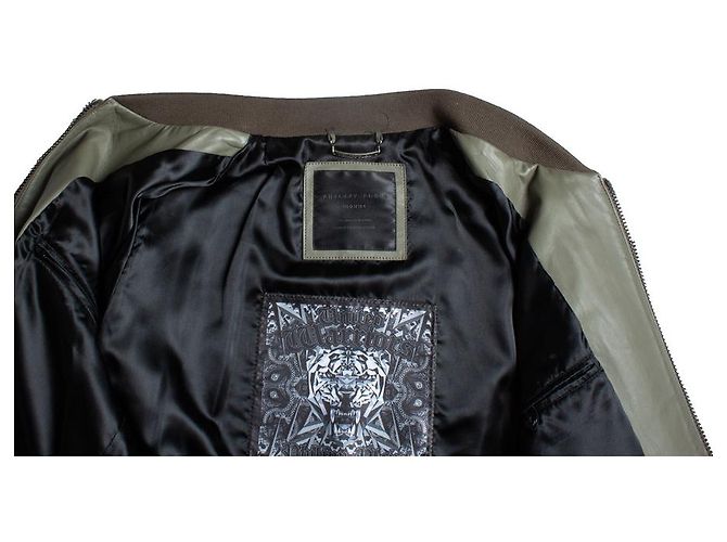 Philipp Plein, Lederjacke in Khaki Braun Grün - Ansicht 7