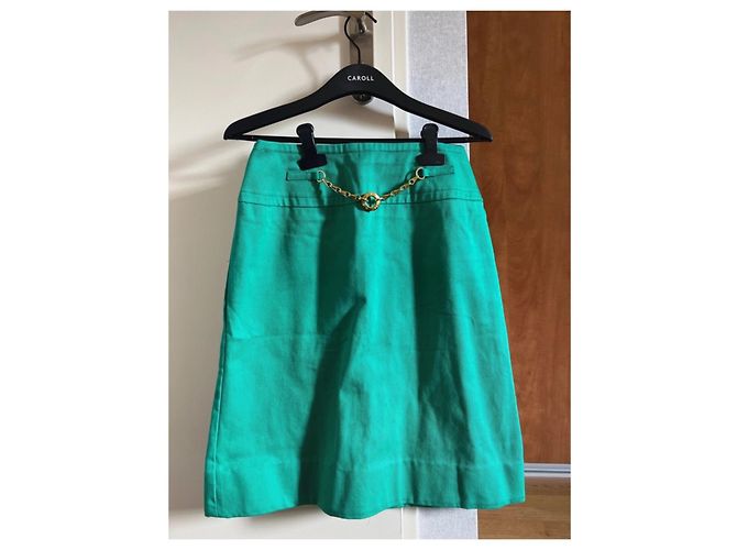 Jupe trapèze Céline en coton vert avec ceinture dorée - vue 2