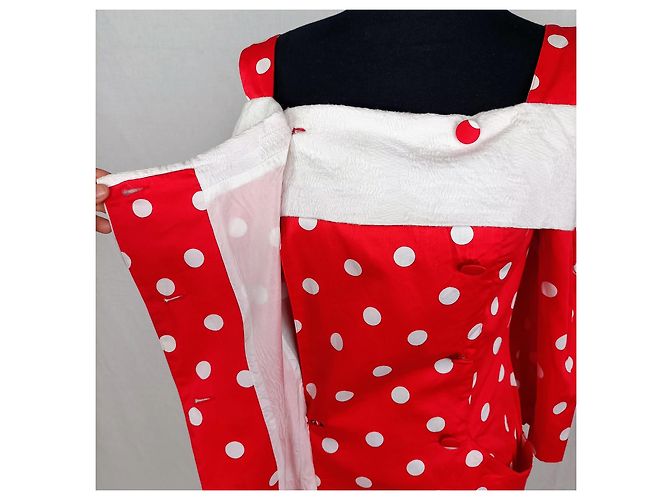 Carven Vintage Rot Cocktailkleid mit Polka Dots Weiß - Ansicht 10