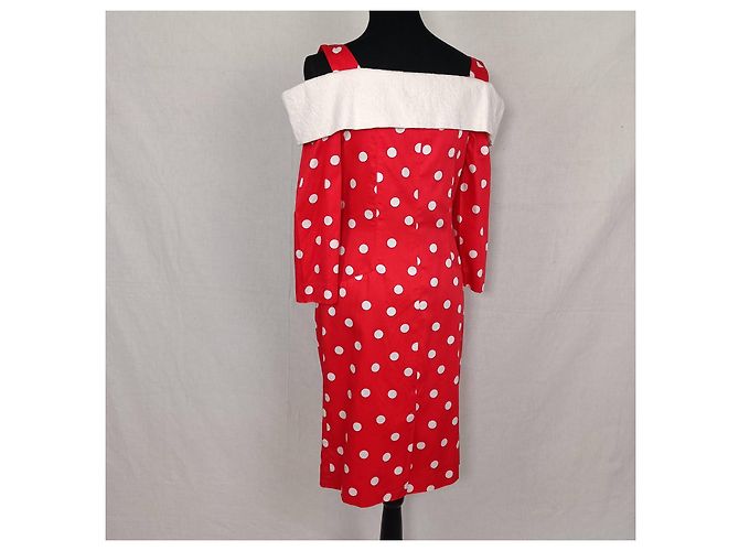 Carven Vintage Rot Cocktailkleid mit Polka Dots Weiß - Ansicht 3