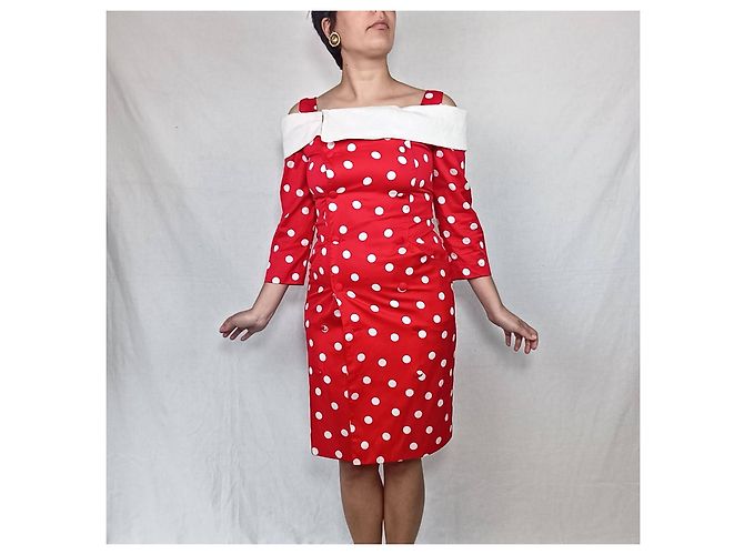 Carven Vintage Rot Cocktailkleid mit Polka Dots Weiß - Ansicht 4