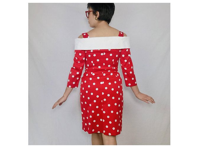 Carven Vintage Rot Cocktailkleid mit Polka Dots Weiß - Ansicht 7