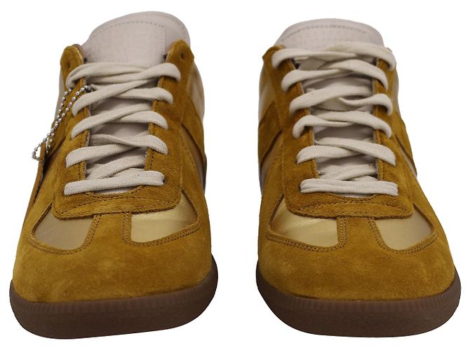 Maison Martin Margiela Sneakers stringate Maison Margiela Replica in pelle dorata e pelle scamosciata marrone - vista 3