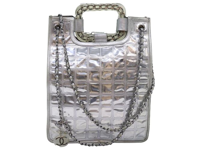 CHANEL Bolso de hombro con cadena Ice Cube Vinilo de 2 vías Plata CC Auth 71650 - vista 13