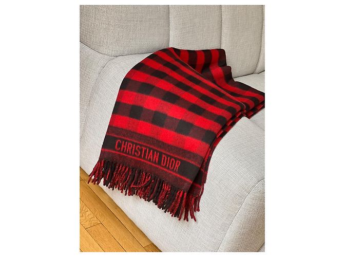 Plaid Christian Dior con frange rosso e nero - vista 3