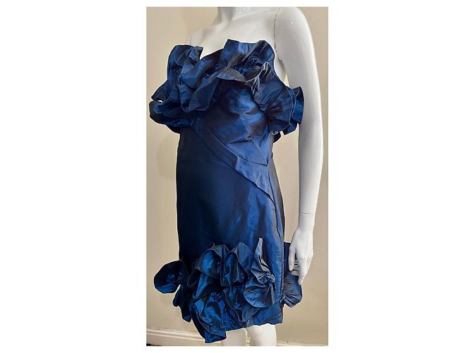 Marchesa Asymmetrisches trägerloses Korsett-Kleid mit Rüschen Blau - Ansicht 2