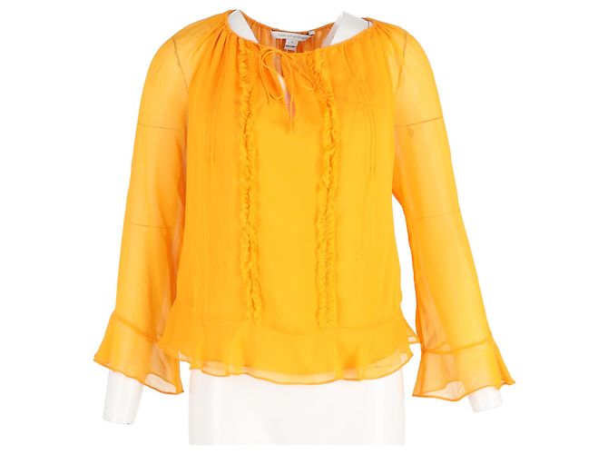 Diane Von Furstenberg Top de manga transparente com babados em seda amarela Amarelo - vista 4