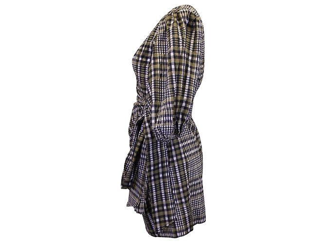Minivestido cruzado Ganni de algodón marrón a cuadros Castaño - vista 3