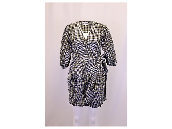 Minivestido cruzado Ganni de algodón marrón a cuadros Castaño - vista 5