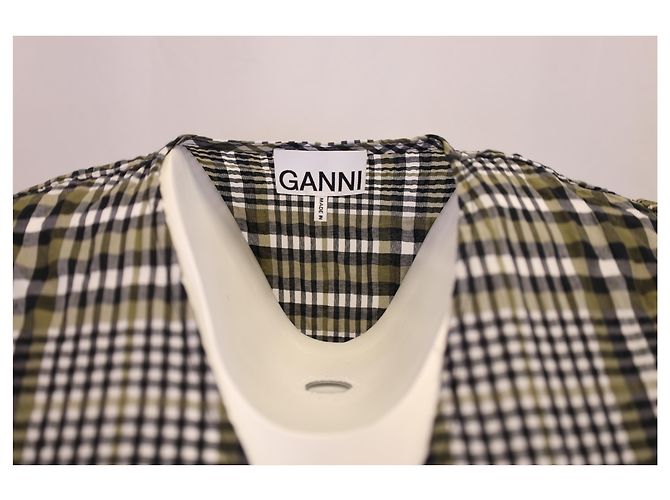 Minivestido cruzado Ganni de algodón marrón a cuadros Castaño - vista 6