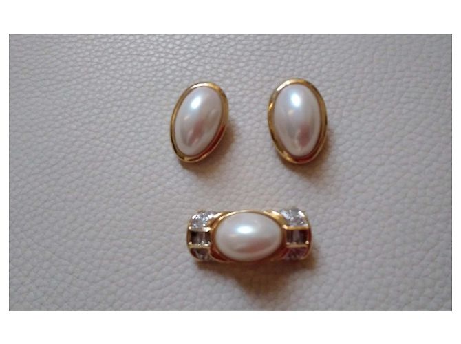 Autre Marque Set Vogue Spilla e Orecchini Placcati Oro con Cristalli e Perle di Mabe D'oro - vista 2