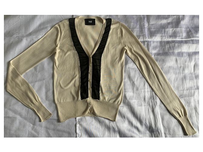 Dolce & Gabbana Cardigan Creme und Schwarz mit Chiffon-Details Roh - Ansicht 6