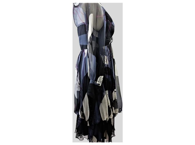 Autre Marque Jeff Galliano Chiffon Kleid Blau Grau Schwarz mit Pailletengürtel - Ansicht 2