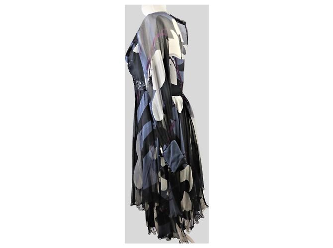 Autre Marque Jeff Galliano Chiffon Kleid Blau Grau Schwarz mit Pailletengürtel - Ansicht 3