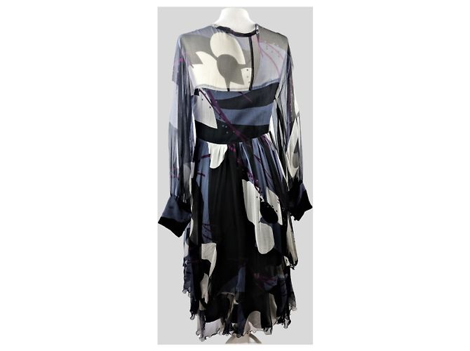 Autre Marque Jeff Galliano Chiffon Kleid Blau Grau Schwarz mit Pailletengürtel - Ansicht 4