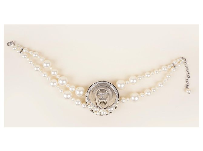 Chanel Collana girocollo con perle finte e cristalli Bianco - vista 5
