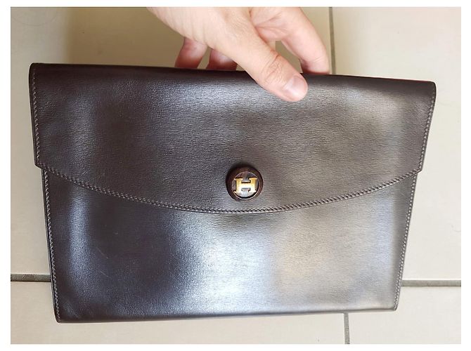 Pochette vintage Rio Hermès in pelle marrone lucida Marrone scuro - vista 12
