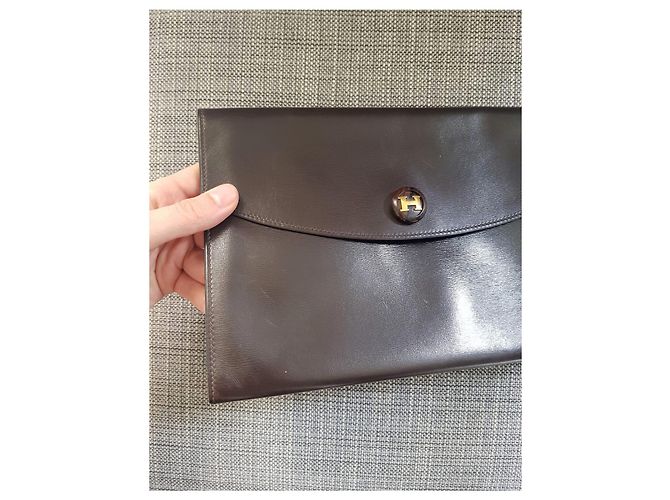 Pochette vintage Rio Hermès in pelle marrone lucida Marrone scuro - vista 14