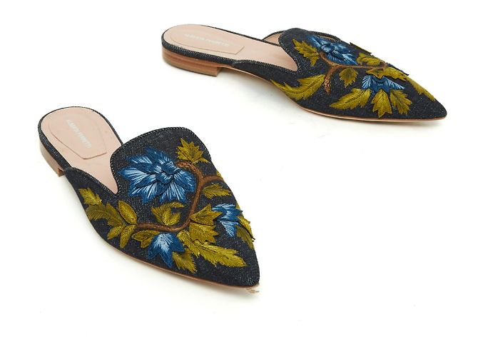 Alberta Ferretti Mules piatte EU39 in denim floreale, scarpe slip-on US8. Blu - vista 2
