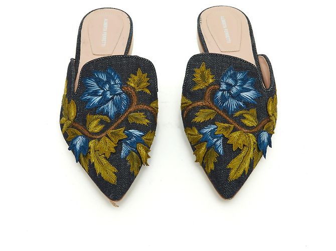 Alberta Ferretti Mules piatte EU39 in denim floreale, scarpe slip-on US8. Blu - vista 3