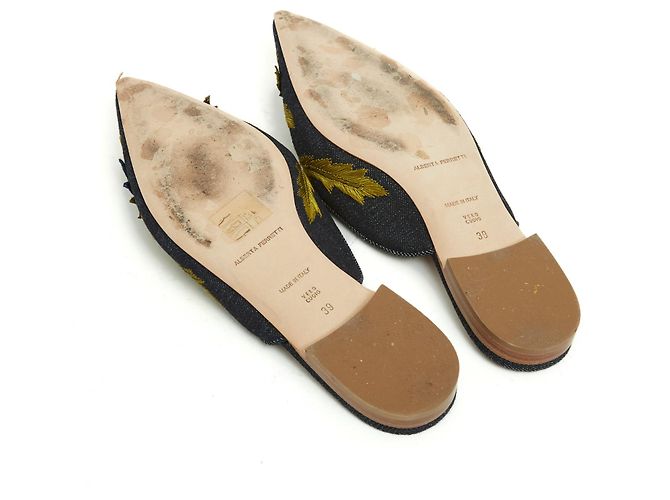Alberta Ferretti Mules piatte EU39 in denim floreale, scarpe slip-on US8. Blu - vista 5
