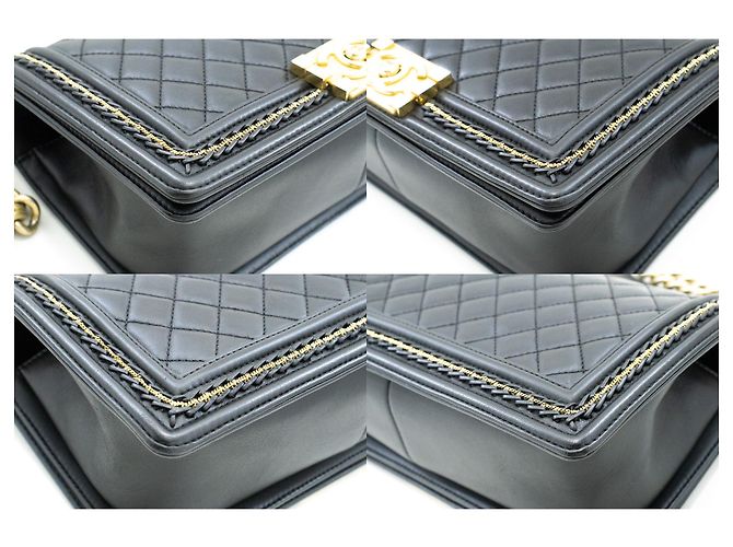 CHANEL Boy Chain Schultertasche Schwarzes gestepptes Lammleder mit Klappe - Ansicht 6