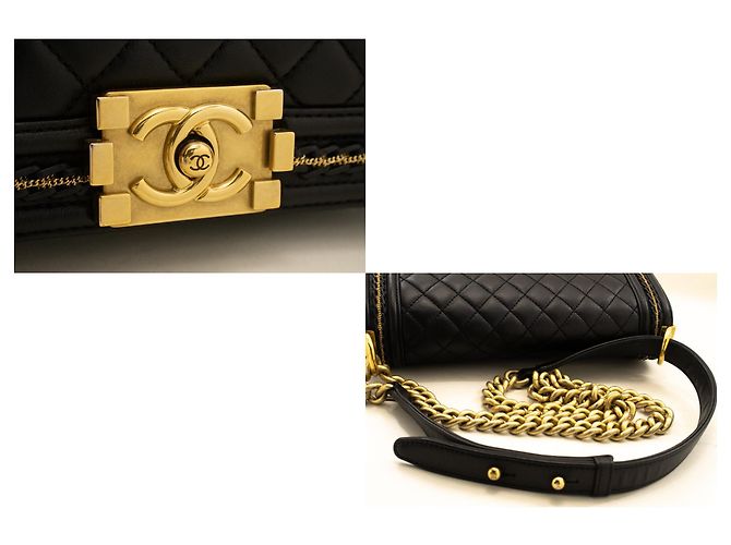 CHANEL Boy Chain Schultertasche Schwarzes gestepptes Lammleder mit Klappe - Ansicht 7