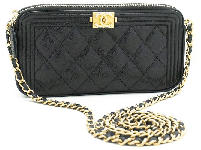 Portafoglio CHANEL Boy in caviale nero su catena con cerniera foderata WOC - vista 2