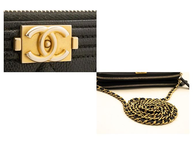 Portafoglio CHANEL Boy in caviale nero su catena con cerniera foderata WOC - vista 7