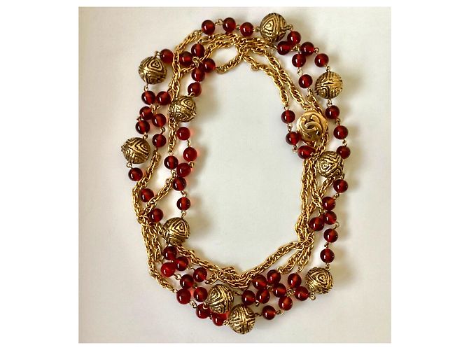 Chanel Collana lunga in perle di vetro rosso Gripoix Multicolore - vista 2