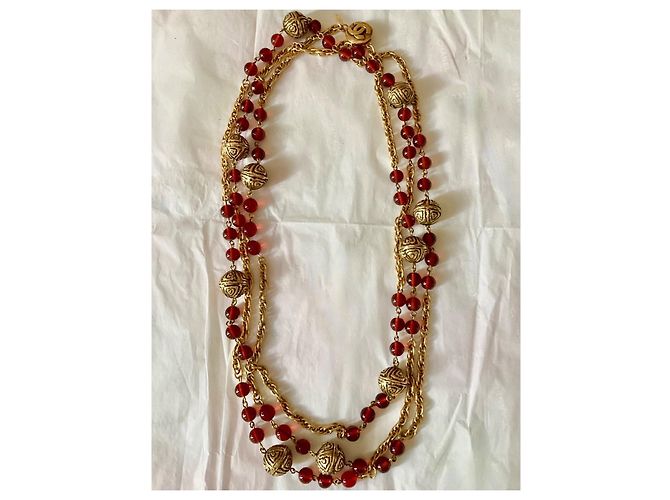 Chanel Collana lunga in perle di vetro rosso Gripoix Multicolore - vista 6