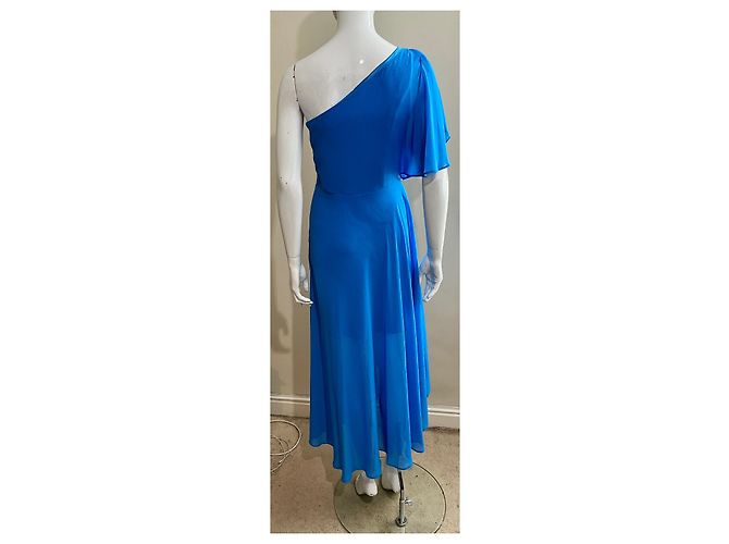 Jenny Packham Vestido de noite azul-celeste de um ombro só com corte alto na frente e baixo atrás. - vista 4