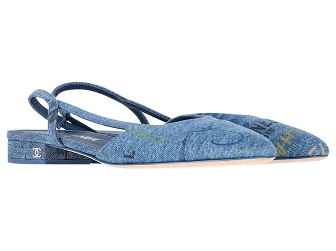 Timeless Chanel Slingback Cap Toe Flats in denim blu - vista 4