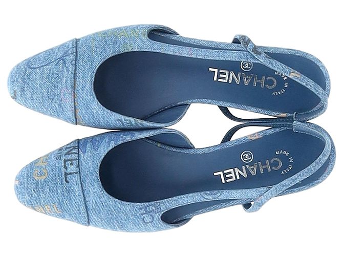 Timeless Chanel Slingback Cap Toe Flats in denim blu - vista 7