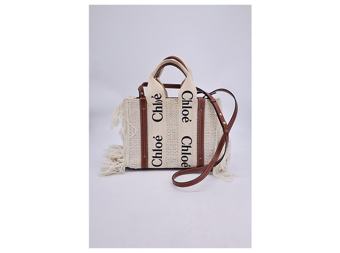 Bolso tote pequeño de punto Woody con flecos de algodón reciclado blanco Chloé Crudo - vista 10