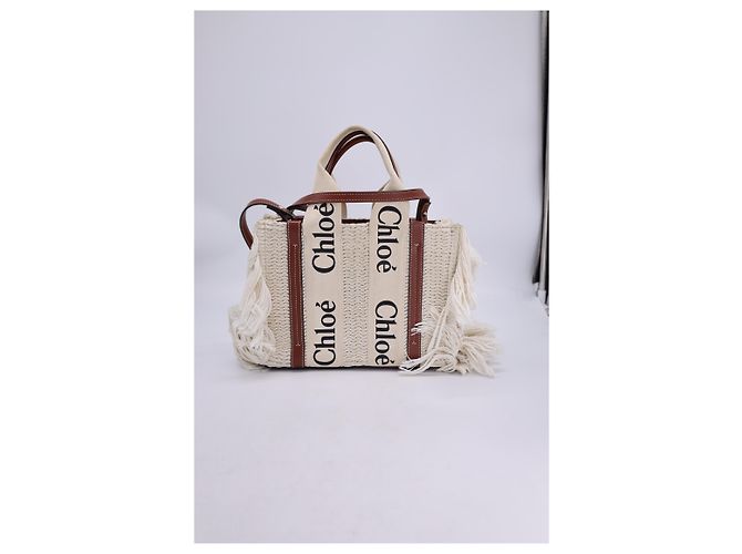 Bolso tote pequeño de punto Woody con flecos de algodón reciclado blanco Chloé Crudo - vista 12