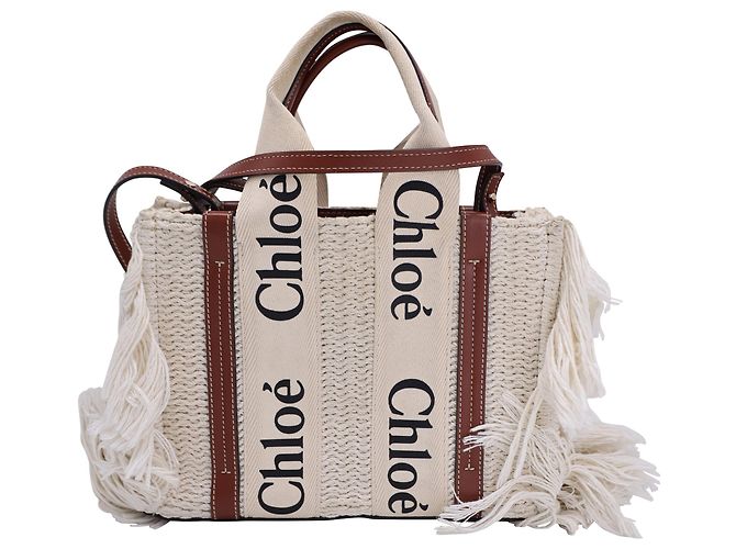 Bolso tote pequeño de punto Woody con flecos de algodón reciclado blanco Chloé Crudo - vista 3