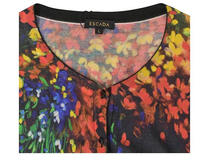 Escada Twin Set Cardigan aus schwarzer Wolle mit Blumenmuster - Ansicht 4