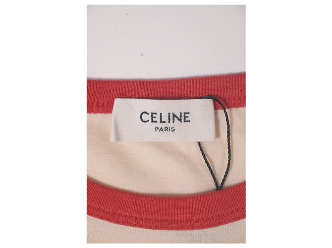 Céline T-shirt a maniche corte con logo Celine in cotone crema e rosso Bianco Crudo - vista 10