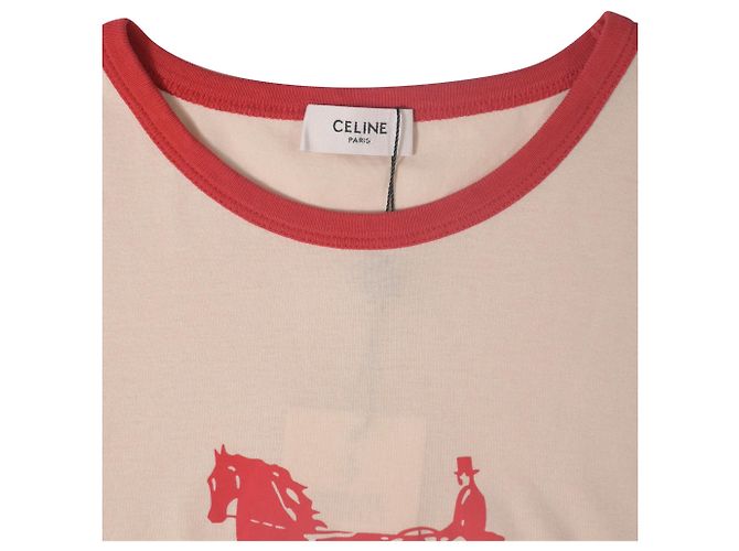 Céline T-shirt a maniche corte con logo Celine in cotone crema e rosso Bianco Crudo - vista 4
