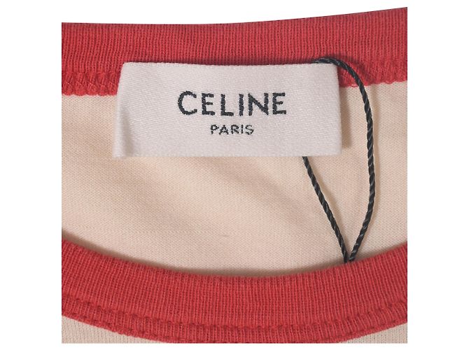 Céline T-shirt a maniche corte con logo Celine in cotone crema e rosso Bianco Crudo - vista 5