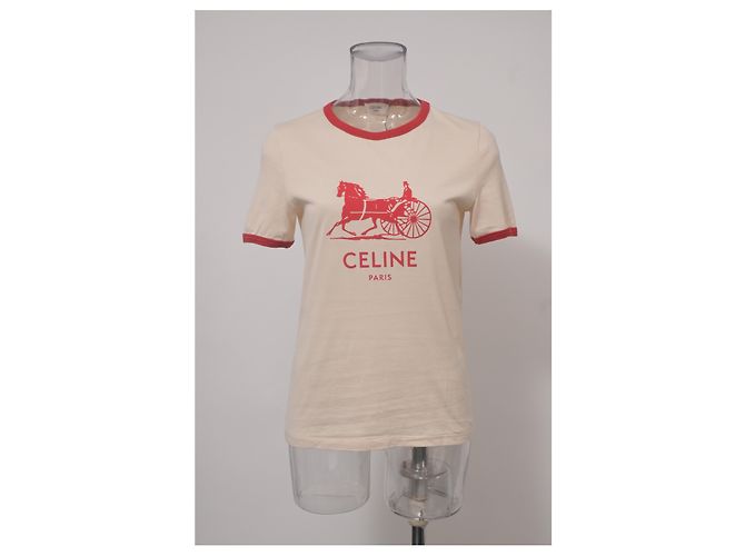 Céline T-shirt a maniche corte con logo Celine in cotone crema e rosso Bianco Crudo - vista 6