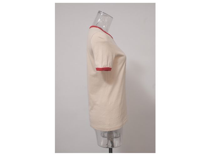 Céline T-shirt a maniche corte con logo Celine in cotone crema e rosso Bianco Crudo - vista 7