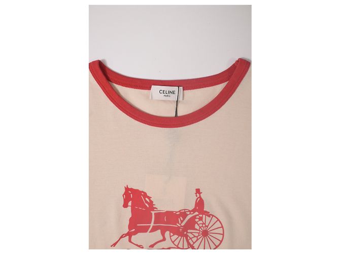Céline T-shirt a maniche corte con logo Celine in cotone crema e rosso Bianco Crudo - vista 9