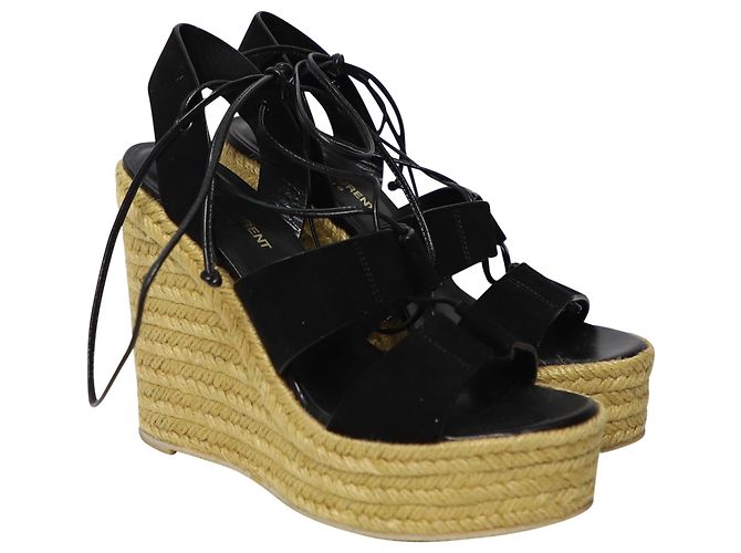 Espadrilles compensées à plateforme Saint Laurent en daim noir - vue 3