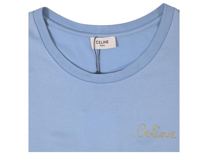 Céline T-shirt a maniche corte con logo Celine in cotone blu Blu chiaro - vista 4