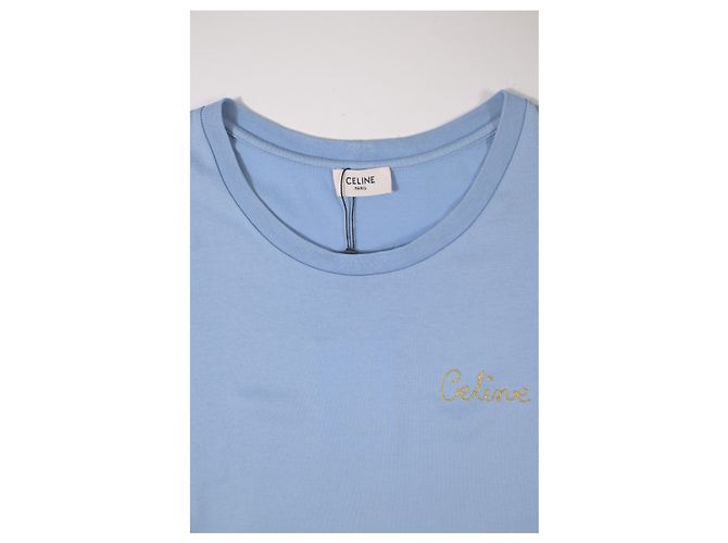 Céline T-shirt a maniche corte con logo Celine in cotone blu Blu chiaro - vista 9