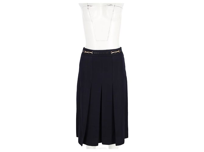 Jupe vintage plissée Céline en laine bleu marine - vue 4