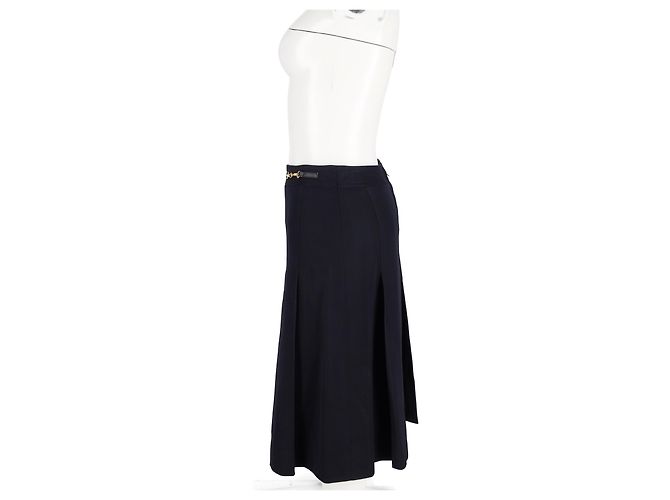 Jupe vintage plissée Céline en laine bleu marine - vue 5