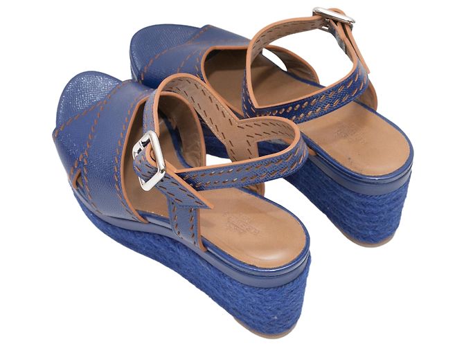 Trim Hermès Sandali con zeppa espadrillas in pelle blu Hermes taglia 39 - vista 3
